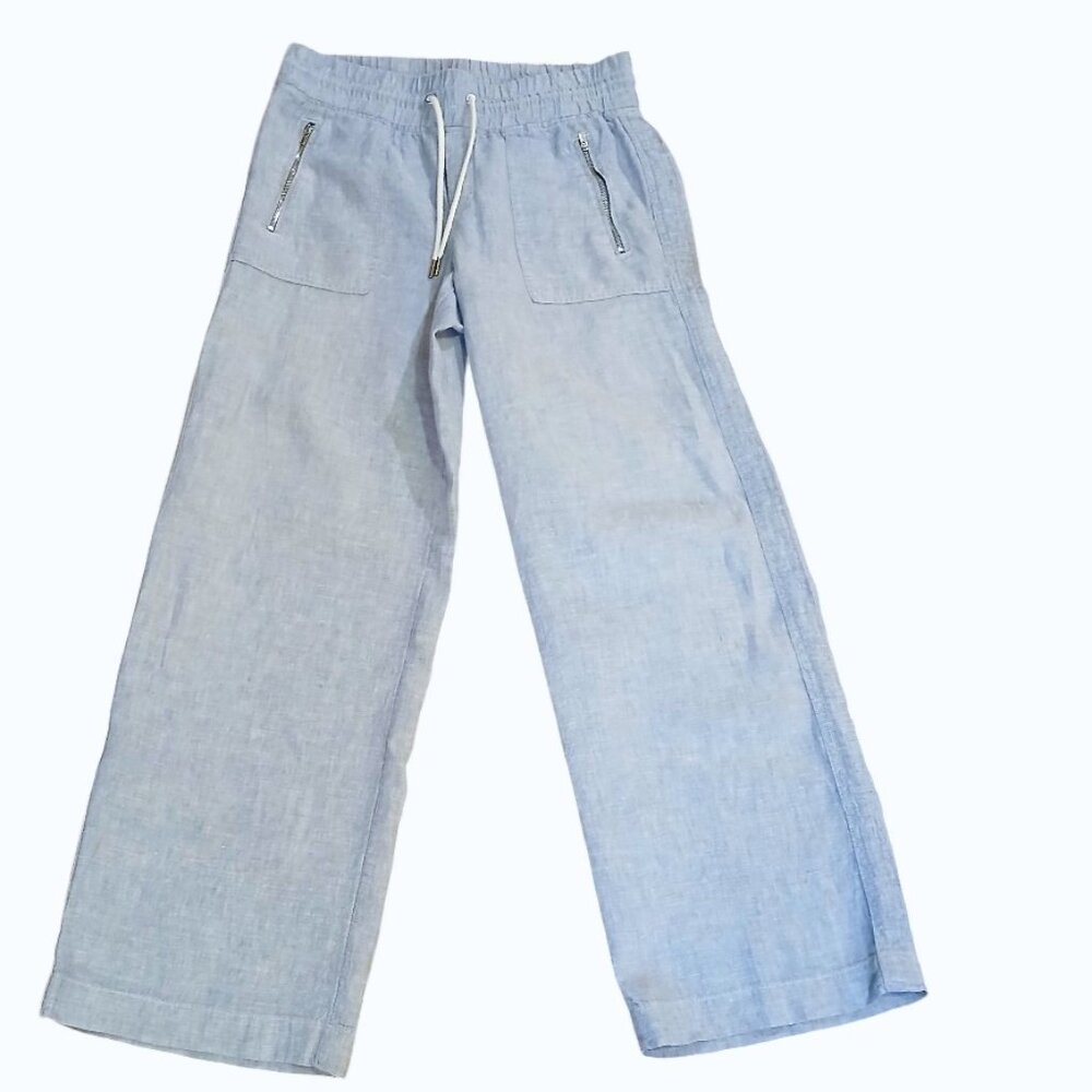 Athleta Cabo 100% Linen Wide Leg Pant Pale Blue Pockets Comfort -Like New - Picture 2 of 9